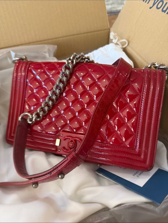 CHANEL Handbags - CHANEL Quilted Patent Leather Boy Flap Shoulder Bag in Deep Red
